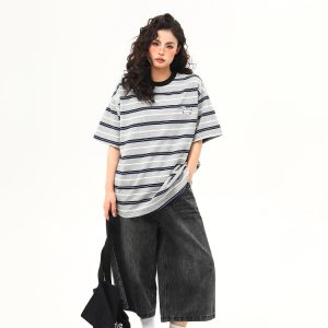 Vintage Striped Short Sleeve T-Shirt for Women with Dog Embroidery - Loose High-Quality Gray Tee, Perfect for Casual Y2K Style