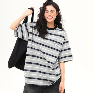 Vintage Striped Short Sleeve T-Shirt for Women with Dog Embroidery - Loose High-Quality Gray Tee, Perfect for Casual Y2K Style
