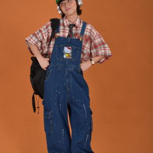 Vintage Style Childlike Retro Workwear Pocket Suspender Pants in Splash Paint Denim - Floor-Length Couple Trendy Fashion Trousers