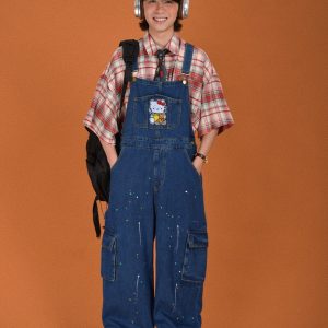 Vintage Style Childlike Retro Workwear Pocket Suspender Pants in Splash Paint Denim - Floor-Length Couple Trendy Fashion Trousers