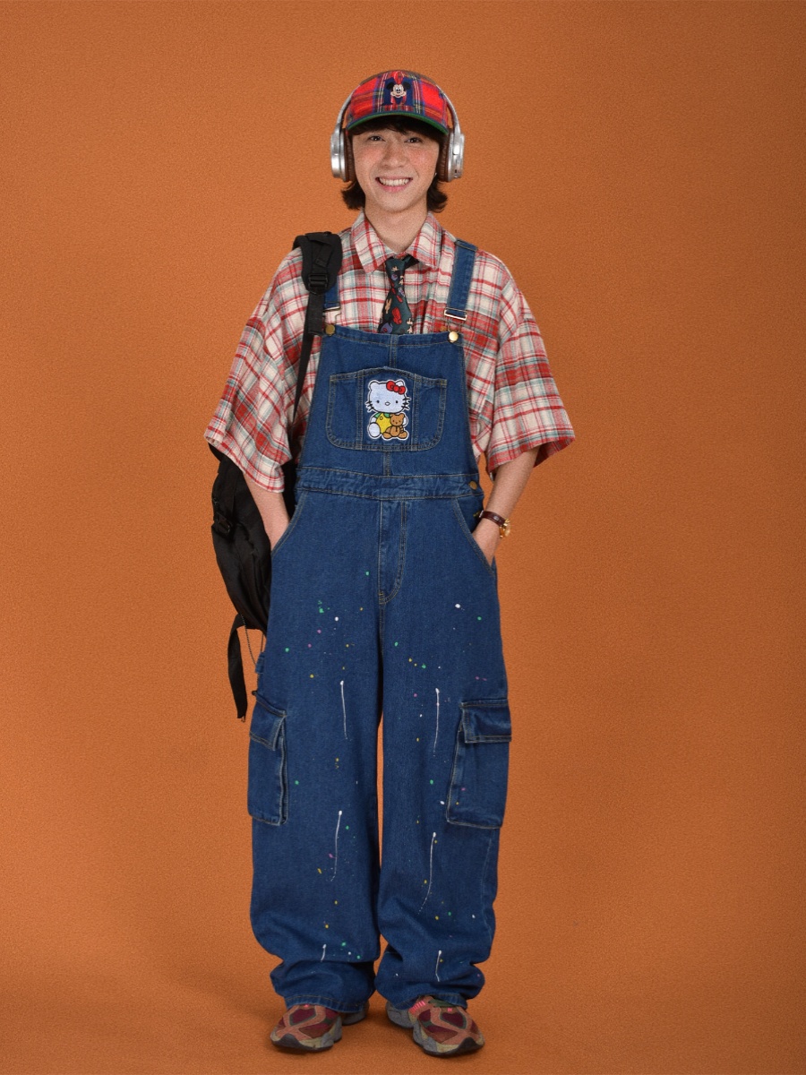 Vintage Style Childlike Retro Workwear Pocket Suspender Pants in Splash Paint Denim - Floor-Length Couple Trendy Fashion Trousers Vintage Style Childlike Retro Workwear Pocket Suspender Pants in Splash Paint Denim - Floor-Length Couple Trendy Fashion Trousers