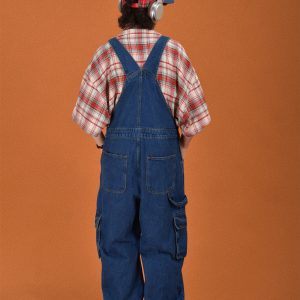 Vintage Style Childlike Retro Workwear Pocket Suspender Pants in Splash Paint Denim - Floor-Length Couple Trendy Fashion Trousers