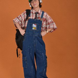 Vintage Style Childlike Retro Workwear Pocket Suspender Pants in Splash Paint Denim - Floor-Length Couple Trendy Fashion Trousers