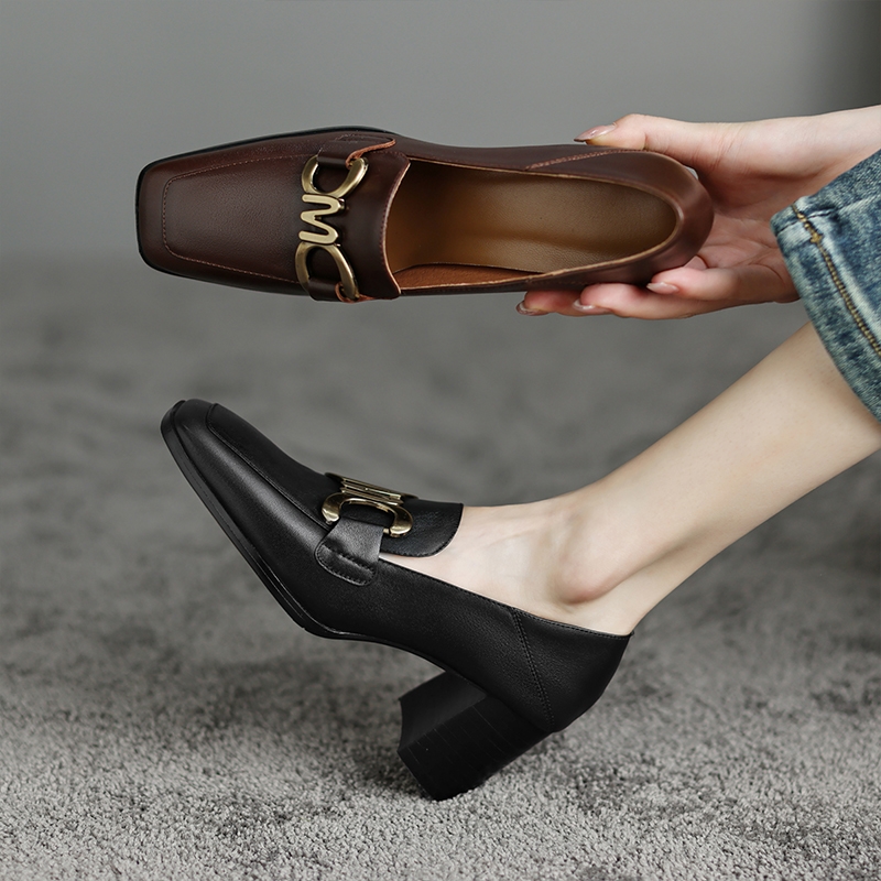 Vintage Style High Heels for Women - Square Toe Genuine Leather Flats - 2025 Spring Autumn Collection