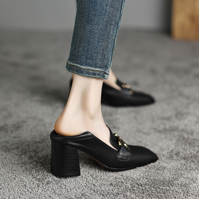 Vintage Style High Heels for Women - Square Toe Genuine Leather Flats - 2025 Spring Autumn Collection