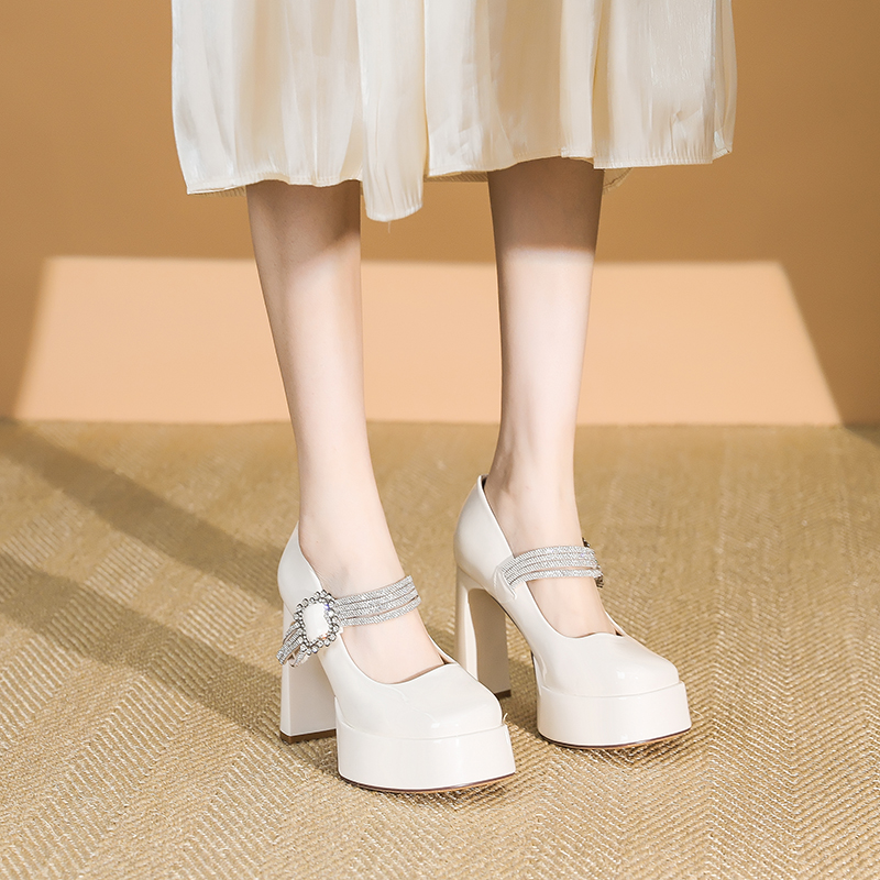 Vintage Style Mary Jane High Heels for Women - Chunky Square Toe, Rhinestone Detail, One-Strap, Waterproof Platform Shoes