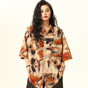 Vintage Style Oil Painting Short Sleeve Shirt for Women - Trendy Loose Fit Summer Top 2025, Boho Aesthetic Fashion