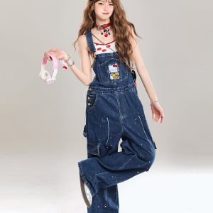 Vintage-Style Women's Denim Overalls - Playful Relaxed Wide-Leg Summer 2025 Fashion for a Youthful Look