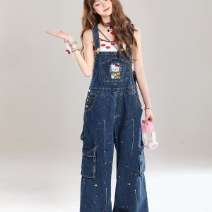 Vintage-Style Women's Denim Overalls - Playful Relaxed Wide-Leg Summer 2025 Fashion for a Youthful Look
