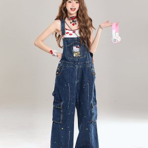 Vintage-Style Women's Denim Overalls - Playful Relaxed Wide-Leg Summer 2025 Fashion for a Youthful Look
