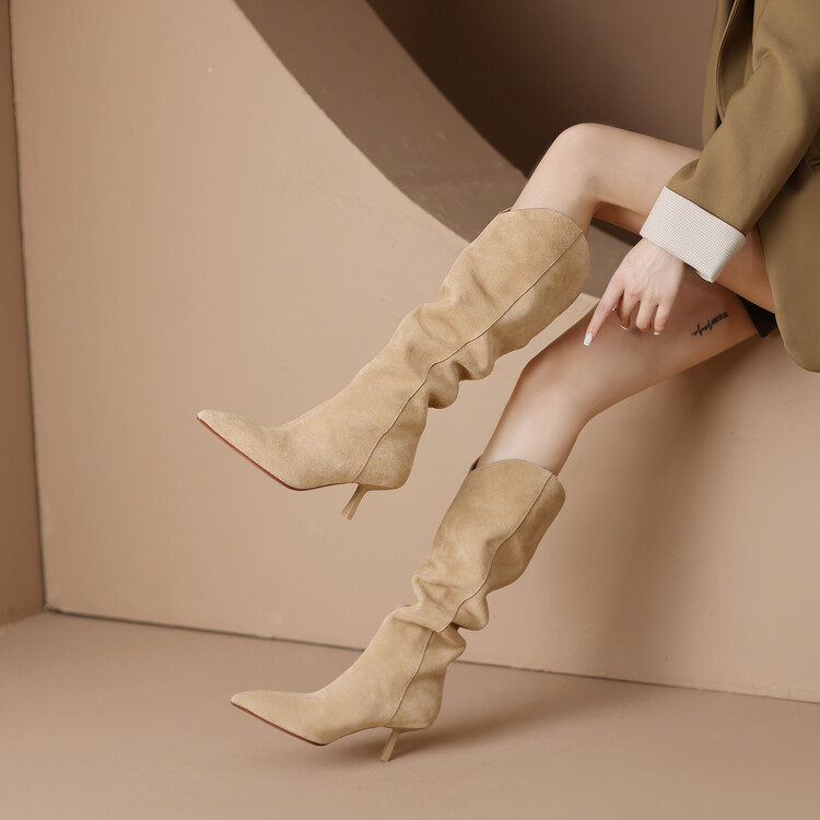 Vintage Suede Pointed Toe Western Cowboy Boots for Women - High Heels, Slouch Design, Y2K Inspired Fashion Footwear