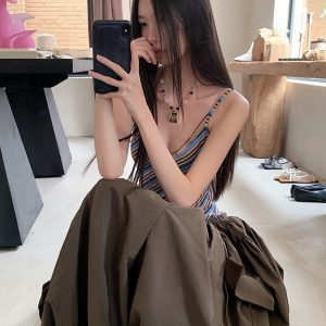 Vintage Summer Striped Spliced Design Faux Two-Piece Long Camisole Dress - Y2K Inspired Fashion