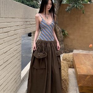 Vintage Summer Striped Spliced Design Faux Two-Piece Long Camisole Dress - Y2K Inspired Fashion