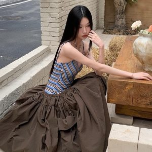 Vintage Summer Striped Spliced Design Faux Two-Piece Long Camisole Dress - Y2K Inspired Fashion