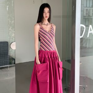 Vintage Summer Striped Spliced Design Faux Two-Piece Long Camisole Dress - Y2K Inspired Fashion
