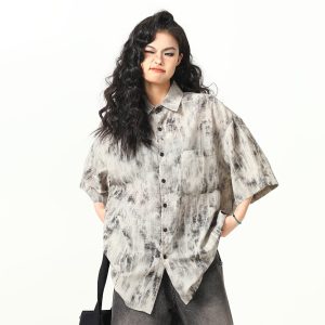 Vintage Tie-Dye Short Sleeve Shirt for Women - Wild A-Zi National Style Ink Wash, Retro American Trendy Fashion Top