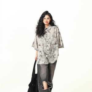 Vintage Tie-Dye Short Sleeve Shirt for Women - Wild A-Zi National Style Ink Wash, Retro American Trendy Fashion Top