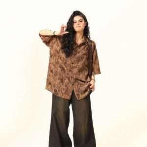 Vintage Tie-Dye Short Sleeve Shirt for Women - Wild A-Zi National Style Ink Wash, Retro American Trendy Fashion Top