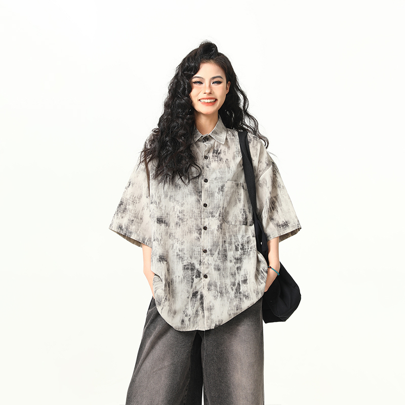 Vintage Tie-Dye Short Sleeve Shirt for Women - Wild A-Zi National Style Ink Wash, Retro American Trendy Fashion Top