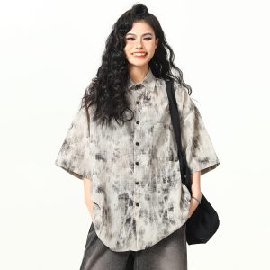 Vintage Tie-Dye Short Sleeve Shirt for Women - Wild A-Zi National Style Ink Wash, Retro American Trendy Fashion Top