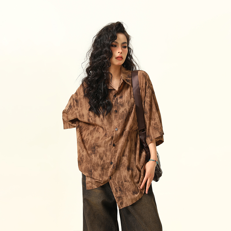 Vintage Tie-Dye Short Sleeve Shirt for Women - Wild Ink Wash Design, Retro American Style, Trendy Summer Top