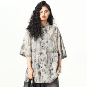 Vintage Tie-Dye Short Sleeve Shirt for Women - Wild Ink Wash Design, Retro American Style, Trendy Summer Top