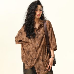 Vintage Tie-Dye Short Sleeve Shirt for Women - Wild Ink Wash Design, Retro American Style, Trendy Summer Top