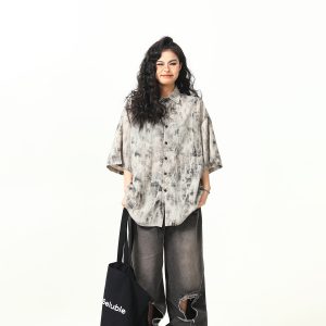 Vintage Tie-Dye Short Sleeve Shirt for Women - Wild Ink Wash Design, Retro American Style, Trendy Summer Top