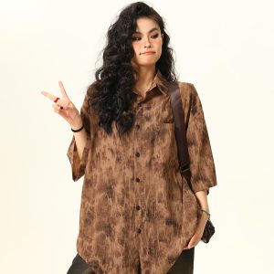 Vintage Tie-Dye Short Sleeve Shirt for Women - Wild Ink Wash Design, Retro American Style, Trendy Summer Top