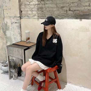 Vintage V-Neck Sweatshirt for Men and Women, Loose Casual Long Sleeve Jersey Jacket, Fall Fashion Essential