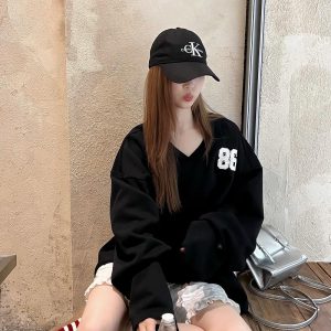 Vintage V-Neck Sweatshirt for Men and Women, Loose Casual Long Sleeve Jersey Jacket, Fall Fashion Essential