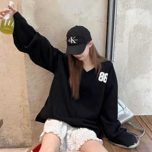 Vintage V-Neck Sweatshirt for Men and Women, Loose Casual Long Sleeve Jersey Jacket, Fall Fashion Essential