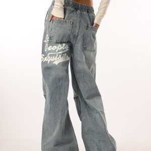 Vintage Wash Distressed Elastic Waist Women's Wide-Leg Jeans - Casual Straight Fit Beer Team Captain Style