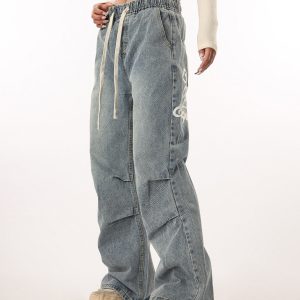 Vintage Wash Distressed Elastic Waist Women's Wide-Leg Jeans - Casual Straight Fit Beer Team Captain Style