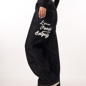 Vintage Wash Distressed Elastic Waist Women's Wide-Leg Jeans - Casual Straight Fit Beer Team Captain Style