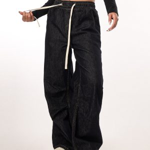 Vintage Wash Distressed Elastic Waist Women's Wide-Leg Jeans - Casual Straight Fit Beer Team Captain Style