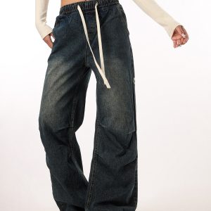 Vintage Wash Distressed Elastic Waist Women's Wide-Leg Jeans - Casual Straight Fit Beer Team Captain Style