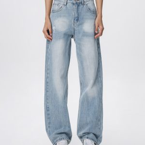 Vintage Wash Distressed Light Blue Straight Leg Jeans for Women | Wide Leg Pants Inspired by 90s American Casual Style