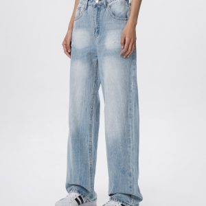 Vintage Wash Distressed Light Blue Straight Leg Jeans for Women | Wide Leg Pants Inspired by 90s American Casual Style