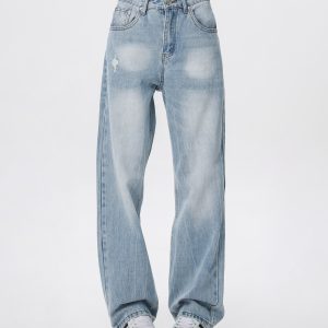 Vintage Wash Distressed Light Blue Straight Leg Jeans for Women | Wide Leg Pants Inspired by 90s American Casual Style