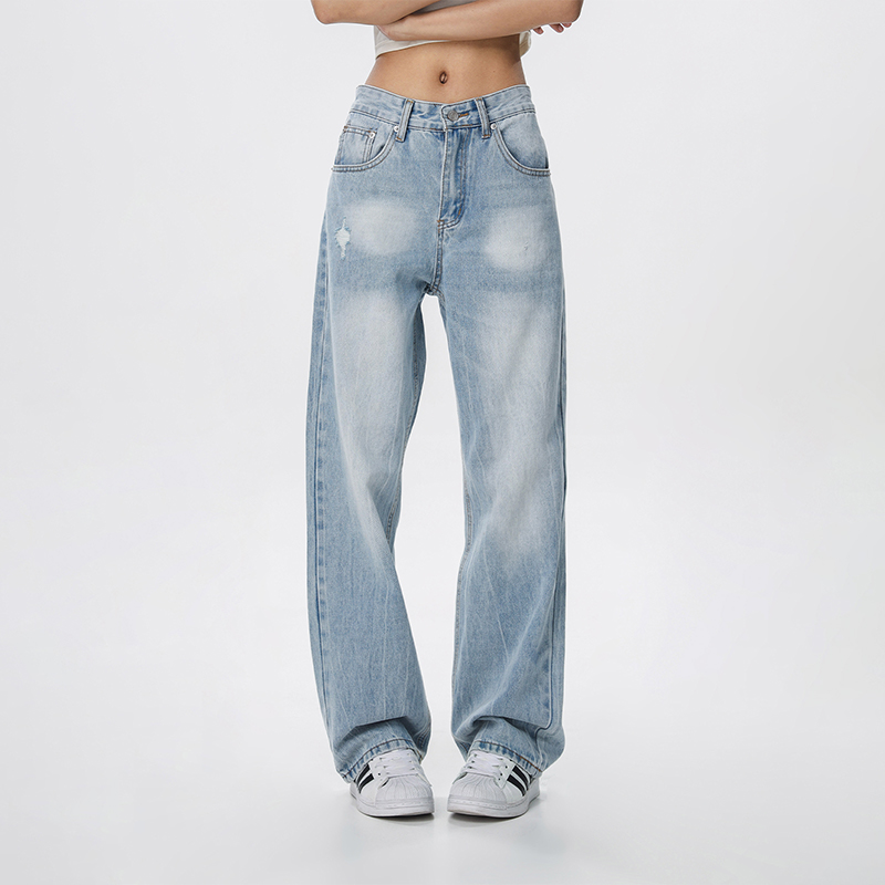 Vintage Wash Distressed Light Blue Straight Leg Jeans for Women | Wide Leg Pants Inspired by 90s American Casual Style