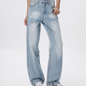 Vintage Wash Distressed Light Blue Straight Leg Jeans for Women | Wide Leg Pants Inspired by 90s American Casual Style
