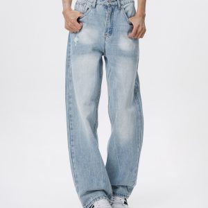 Vintage Wash Distressed Light Blue Straight Leg Jeans for Women | Wide Leg Pants Inspired by 90s American Casual Style