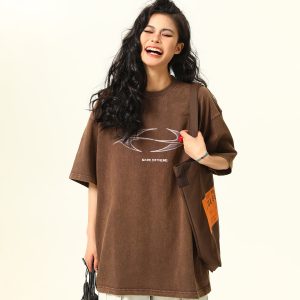 Vintage Wash Heavy-Duty Letter Short Sleeve T-Shirt for Men & Women, Loose Fit Casual Couple Top, Retro Style Fashion