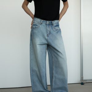 Vintage Washed Blue Denim Jeans for Men and Women - Loose Straight Fit Casual Pants, 90s Style Unisex Jeans