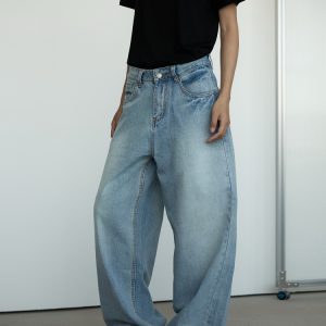 Vintage Washed Blue Denim Jeans for Men and Women - Loose Straight Fit Casual Pants, 90s Style Unisex Jeans