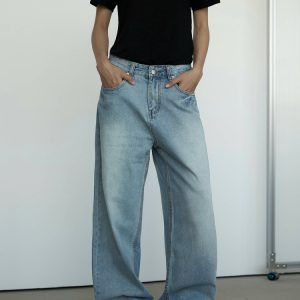 Vintage Washed Blue Denim Jeans for Men and Women - Loose Straight Fit Casual Pants, 90s Style Unisex Jeans