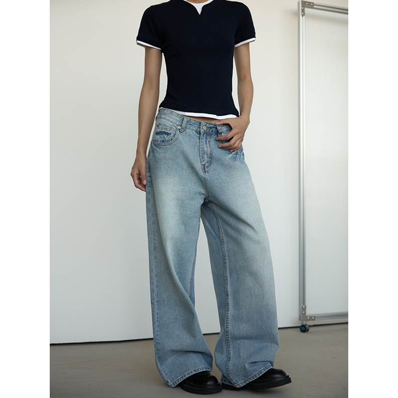 Vintage Washed Blue Denim Jeans for Men and Women - Loose Straight Fit Casual Pants, 90s Style Unisex Jeans