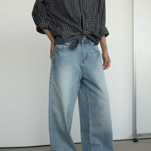 Vintage Washed Blue Denim Jeans for Men and Women - Loose Straight Fit Casual Pants, 90s Style Unisex Jeans