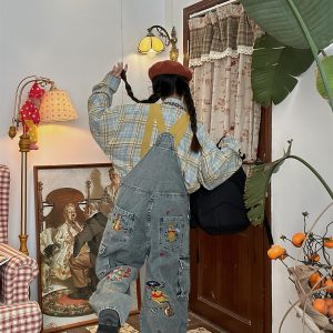 Vintage Washed Blue Denim Overalls Unisex Retro Jumpsuit for a Playful 90s Style Look - Versatile Fashion Essential